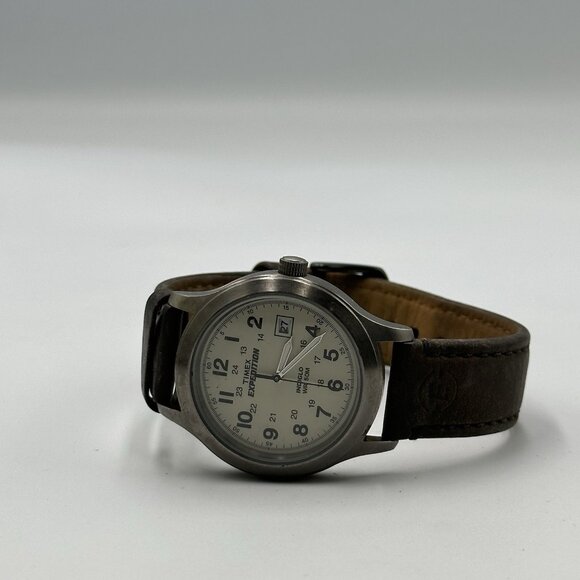 Timex Expedition Watch Men Silver Tone Indiglo Dial Leather Band T49870 Working - Picture 8 of 12